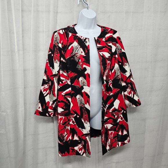 Kasper Jacket Blazer Red Black Open Beaded Office Artsy Abstract 10 - Picture 4 of 12